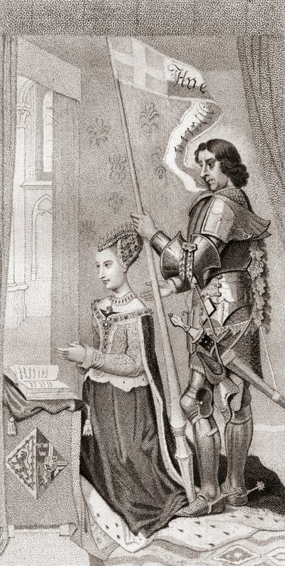 Markéta Dánská se sv. Canute, patronkou Dánska, za ní drží transparent znázorňující kříž křížových výprav. Markéta Dánská od English School