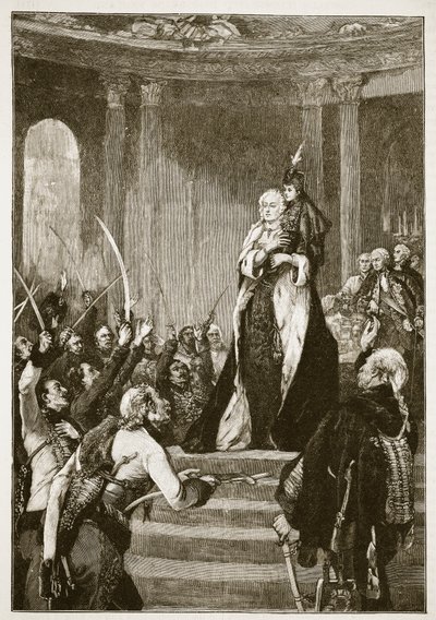 Marie Terezie a uherský parlament, ilustrace z Cassells Illustrated History of England (sépiová fotografie) od English School