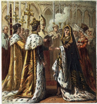 Sňatek Jindřicha VII., anglického krále (1457-1509) s Alžbětou z Yorku (1466-1503) dne 18. ledna 1486. Sňatek Jindřicha Sedmého a Alžběty z Yorku. chromolitografie v „Obrázcích anglické historie““, kterou vydal George Routledge & Sons.1890. Privee od English School