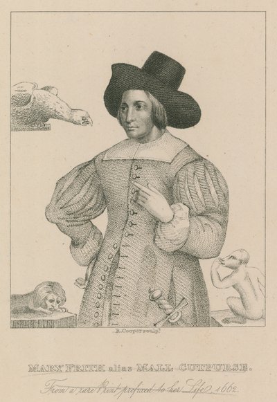 Mary Frith, alias Moll Curpurse, ze vzácného tisku s předponou k jejímu životu, 1662 od English School
