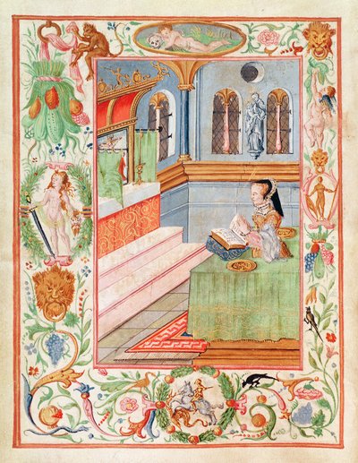 Marie I žehná křečovým prstencům (pigment na pergamenu) od English School