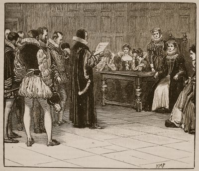 Marie královna Skotská dostává zprávu o svém zániku, ilustrace z Cassells Illustrated History of England (sépiová fotografie) od English School
