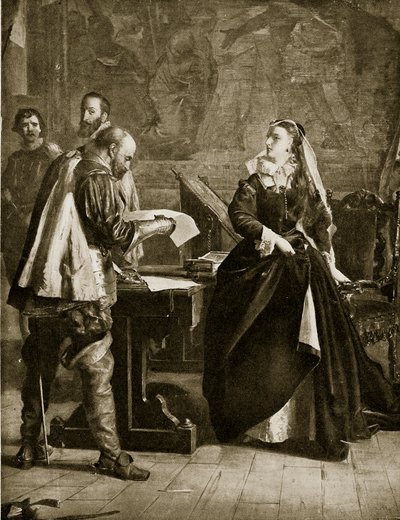 Marie, královna skotská, podepisuje svou abdikaci, červenec 1567, ilustrace z Hutchinsonovy Historie britského národa, cca 1923. od English School
