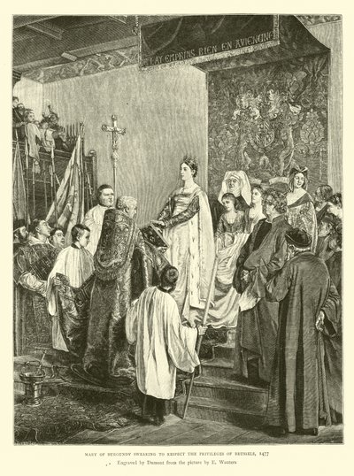 Marie Burgundská přísahající, že bude respektovat privilegia Bruselu, 1477 od English School