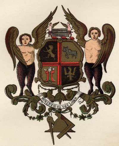 Zednářské zbraně, po malovaném panelu v majetku W.H.Y. Rylands, z Historie svobodného zednářství, svazek II, publikoval Thomas C. Jack, Londýn, 1883 od English School