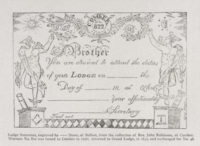 Předvolání zednářské lóže z roku 1796 od English School
