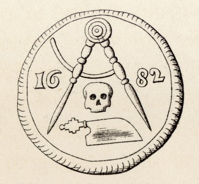 Zednářská pečeť tesařů z Maestrichtu z roku 1682 z „Dějiny svobodného zednářství, svazek II“, vydané Thomasem C. Jackem, Londýn, 1883 od English School