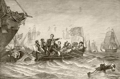Velitel Oliver Hazard Perry přestupuje z amerického Briga Lawrence do americké Brig Niagra během bitvy u Erijského jezera (litho) od English School