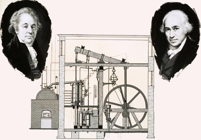Matthew Boulton a James Watt s jedním z patentovaných parních strojů od English School
