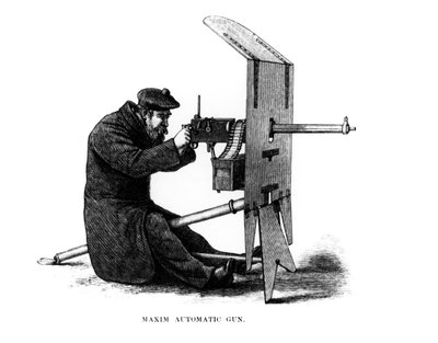 Maxim Automatic Gun, kulomet ovládaný zpětným rázem patentovaný Hiramem Stevensem Maximem (1840-1916) v roce 1882 od English School