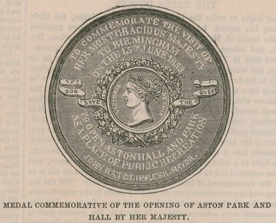 Pamětní medaile otevření Aston Park and Hall Jejím Veličenstvom od English School