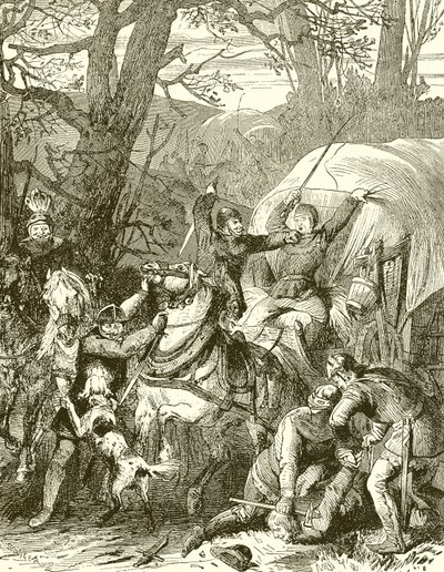 Středověké zvyky. Loupežní rytíři útočící na obchodní karavanu od English School