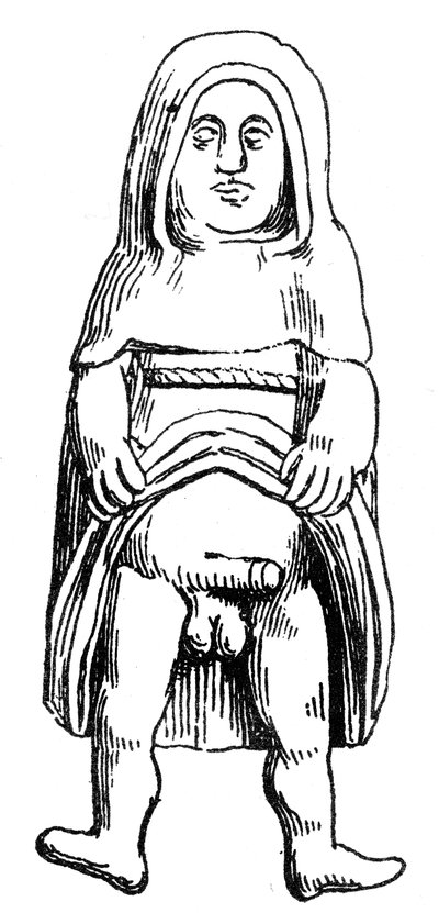 Středověký falický amulet ve zlaté barvě zobrazující mnicha nebo mnicha od English School