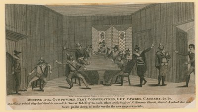Setkání konspirátorů Gunpowder Plot, Guy Fawkes, Catesby atd od English School