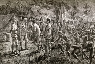 Mehmet Emin Pasha a Gaetano Casati přijíždějí do tábora sira Henryho Mortona Stanleyho na břehu jezera u jezera Albert v roce 1889, 1890 (dřevoryt) od English School