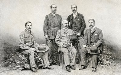 Členové expedice Emin Pasha Relief Expedition sira Henryho Mortona Stanleyho, 1890 (dřevoryt) od English School