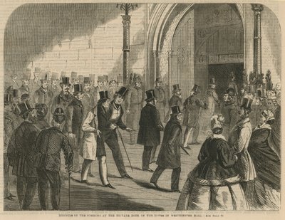 Členové Dolní sněmovny u soukromých dveří Sněmovny ve Westminster Hall od English School