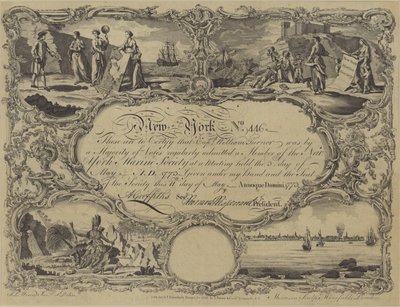 Osvědčení o členství v New York Marine Society, 1773 od English School