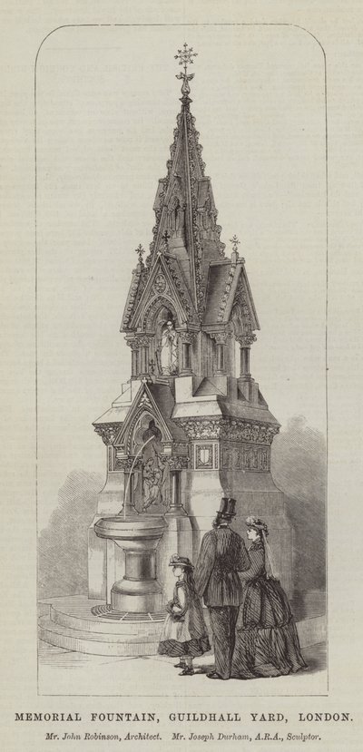Memorial Fountain, Guildhall Yard, Londýn, pan John Robinson, architekt, pan Joseph Durham, ARA, sochař (rytina) od English School