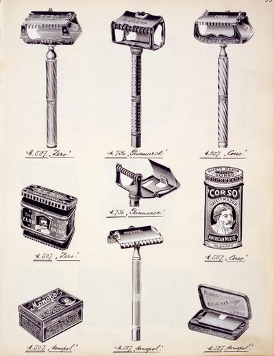 Pánské holicí potřeby, z obchodního katalogu domácího zboží a příslušenství, cca 1890-1910 od English School