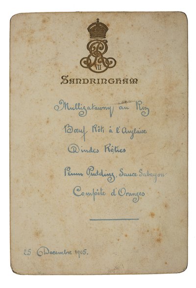 Menu na Štědrý den v Sandringhamu od English School