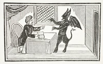 Mefistofeles přichází do domu doktorů, ilustrace z Chap-books of the Eighteenth Century od Johna Ashtona, hospoda. 1882 od English School
