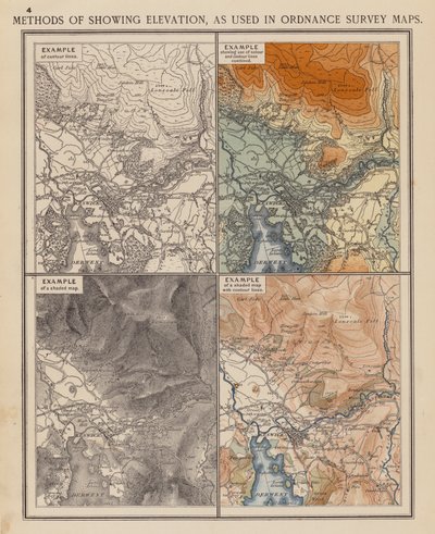 Metody zobrazování nadmořské výšky používané v mapách Ordnance Survey (barevná litografie) od English School