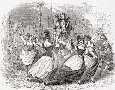 Tanec dojiček, s hromadou talířů, May Day, Anglie, ze staré Anglie: A Pictorial Museum, pub. 1847 od English School