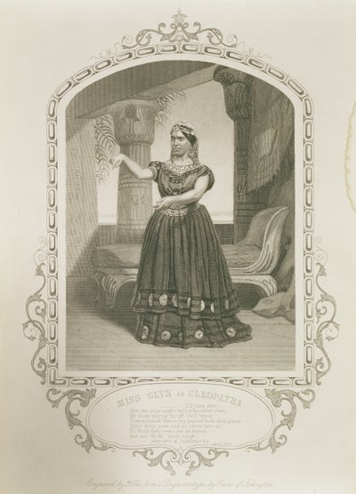 Slečna Glyn jako Kleopatra, dějství II, scéna 5, v Antony a Kleopatra od Williama Shakespeara (1564-1616) vyrytého Georgem Hollisem (1792-1842) z daguerrotypie od Paine z Islingtonu od English School