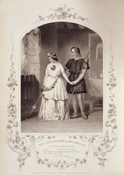 Slečna Jenny Marston jako Perdita a pan F. Robinson jako Florizel, dějství IV, scéna 3, v Zimním příběhu od Williama Shakespeara (1564-1616) vyrytým Thomasem Sherrattem (fl.1860-80) z daguerrotypie od Pa od English School