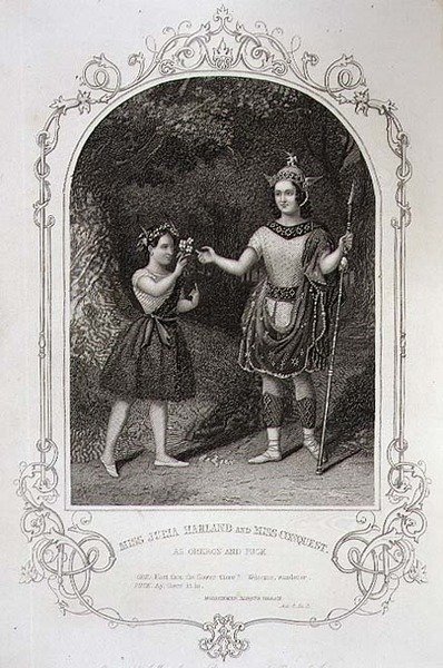 Slečna Julia Harland a slečna Conquest jako Oberon a Puck, dějství II Scéna 2 ze „Snu noci svatojánské“, z daguerrotypie od Paine of Islington, vyryto J. Moore, hospoda. od John Tallis & Co. (litho) od English School