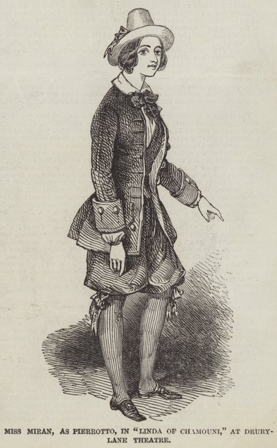 Slečna Miran jako Pierrotto ve filmu „Linda z Chamouni“ v divadle Drury-Lane (rytina) od English School