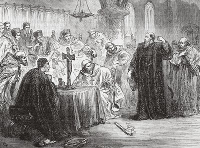 Mollio shazuje pochodeň před inkvizicí, ilustrace z Historie protestantismu od Jamese Aitkena Wylie (1808-1890), hospoda. 1878 od English School