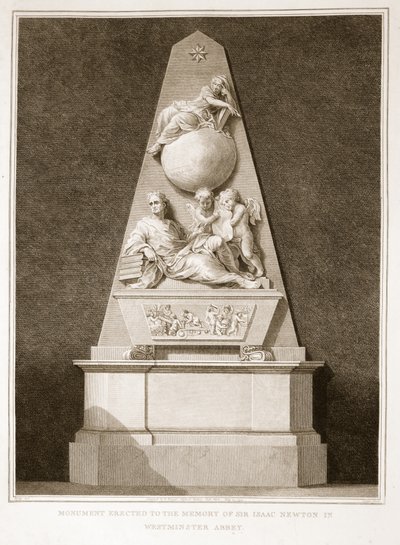 Památník postavený na památku sira Isaaca Newtona ve Westminsterském opatství, ilustrace od Davida Humese Historie Anglie, hospoda. od R. Bowyera, Londýn, 1812 od English School