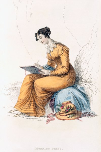 Ranní šaty, módní talíř z Ackermanns Repository of Arts od English School