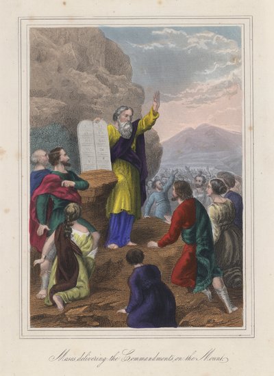 Mojžíš předává Desatero (kolorovaná rytina) od English School