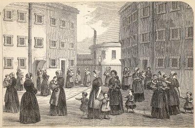 Matky s dětmi na cvičení ve věznici Tothill Fields, ilustrace z knihy The Criminal Prisons of London and Scenes from Prison Life od Henryho Mayhewa a Johna Binnyho, vyd. 1862 od English School
