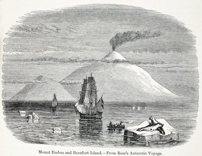 Mount Erebus a ostrov Beaufort z Rosssovy antarktické cesty od English School