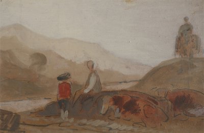 Horská krajina s postavou u jezera (Muž sedící u jezera uprostřed hor), dříve připisovaná J.M.W. Turner (1775-1851) a také připisován Peteru de Wint (1784-1849), 1825-30 (olej od English School