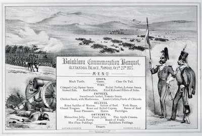 Namontované ilustrované menu pro slavnostní banket Balaklava, který se konal v paláci Alexandra, 25. října 1875 (rytina) od English School