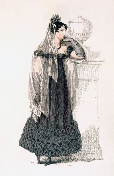Smuteční šaty, módní talíř z Ackermanns Repository of Arts od English School