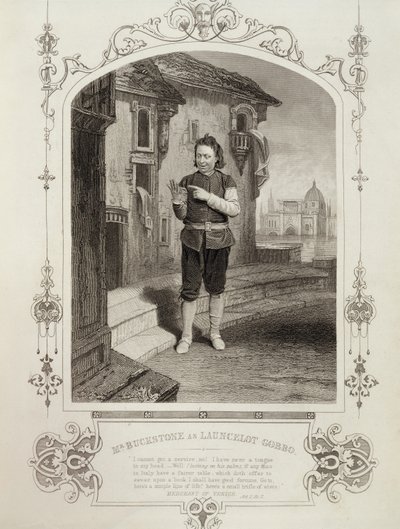 Pan Buckstone jako Lancelot Gobbo, dějství II, scéna 2, v Kupci benátském od Williama Shakespeara (1564-1616) od English School