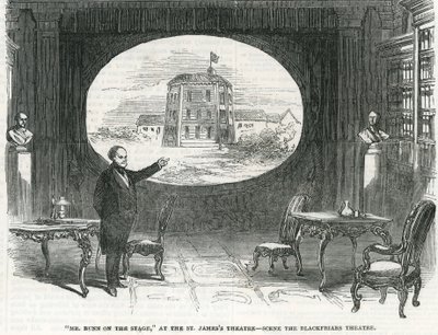 Pan Bunn na jevišti v divadle St Jamess - Scéna divadla Blackfriars Theatre od English School