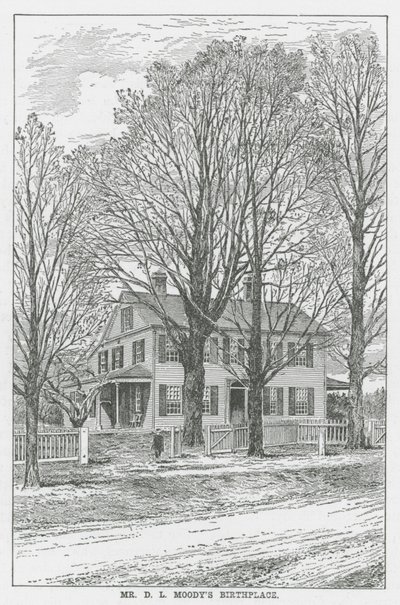 Rodný dům pana DL Moodyho (litografie) od English School