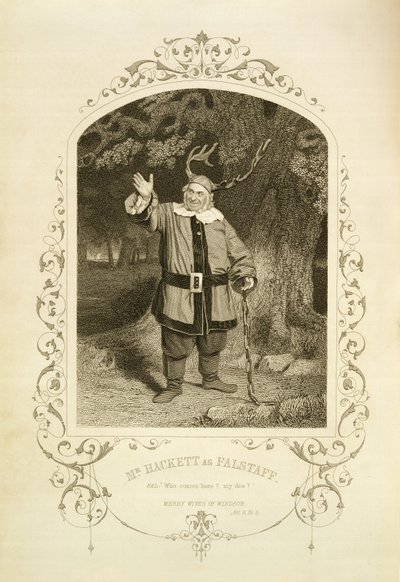 Pan Hackett jako Falstaff, dějství V. scéna 5, ve Veselé paničky z Windsoru od Williama Shakespeara (1564-1616) vyryté Georgem Hollisem (1792-1842) z daguerrotypie od J. P. Mayalla (1810-1901) (rytina od English School