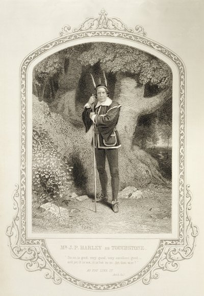 Pan J.P. Harley jako Touchstone, dějství V. scéna 1, v Jak se vám líbí od Williama Shakespeara (1564-1616) vyrytý Georgem Hollisem (1792-1842) z daguerrotypie od J.P. Mayalla (1810-1901) od English School