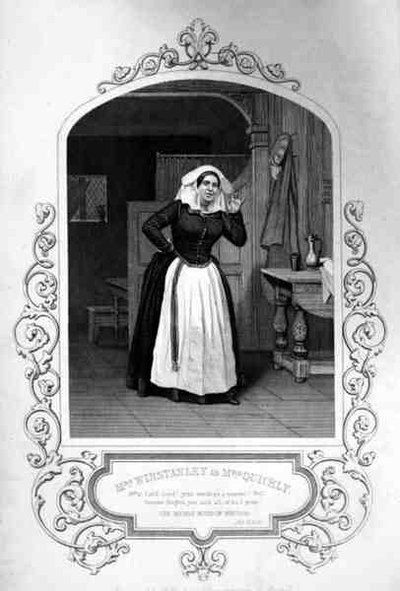 Paní Winstanleyová jako paní Quicklyová, II. dějství, scéna 2, ve Veselé paničky z Windsoru od Williama Shakespeara (1564-1616) vyryté Georgem Hollisem (1792-1842) z daguerrotypie od J. P. Mayalla (1810-1901 (rytina) od English School