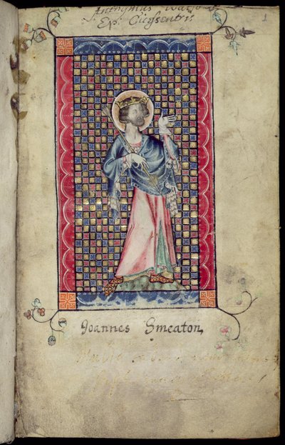 Ms 1-2005, f.1r: Svatý Edmund, miniatura z Macclesfieldského žaltáře, užití Sarum, východní Anglie, kolem roku 1330 od English School
