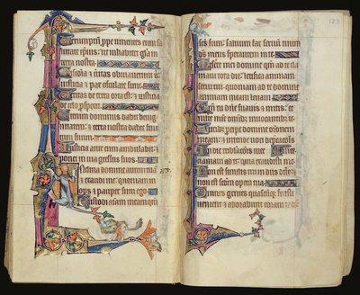 Ms 1-2005, ff.122v-123r: Groteskní okrajová dekorace z Macclesfieldského žaltáře, Use of Sarum, East Anglia, c.1330 od English School