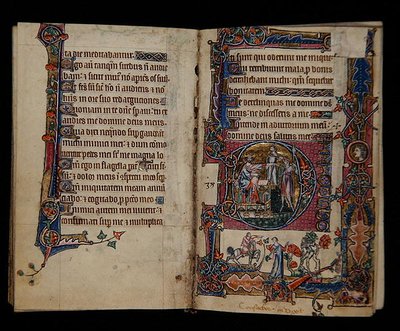 Ms 1-2005, ff.57v-58r: Saul posílá Doega zabít kněze Noba, historická iniciála z Macclesfieldova žaltáře, Use of Sarum, East Anglia, c.1330 (vellum) od English School